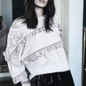 Anthropologie Off-Shoulder Lace Ruffle Sweatshirt in Cream